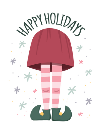 Flat Christmas Santa's girl elf's legs on white background. Hand drawn banner, flyer or card concept. Stock vectorのイラスト素材