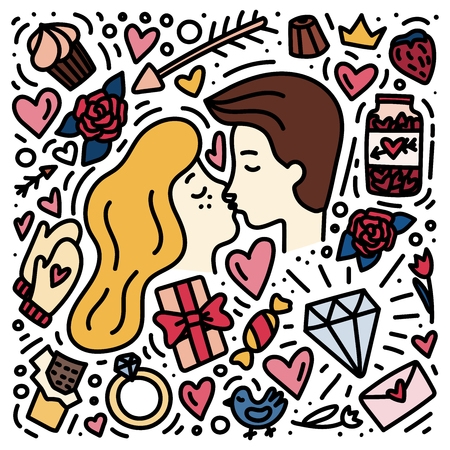 Couple in love. Doodle hand drawn Valentine's Day concept. Love symbols. Stock vectorのイラスト素材