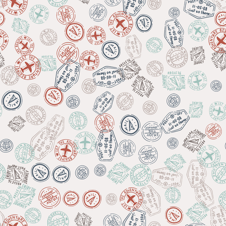 Passport stamp seamless pattern with funny hand drawn illustrations. International arrivals signs, visa airport signsのイラスト素材