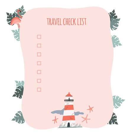 Travel check list. Lighthouse and palm leaves cartoon hand drawn illustrationのイラスト素材