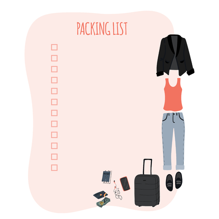Packing list template for travel, tourism and vacations with hand drawn woman clothes. Cartoon flat illustrationのイラスト素材