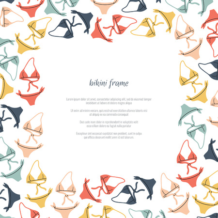 Colorful bikini square frame. Hand drawn flat style summer illustration. Page, banner or flyer template designのイラスト素材