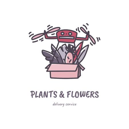 Plants drone robotic delivery concept hand drawn doodle style illustration. Monstera, sansevieria and cactus. Stock vectorのイラスト素材