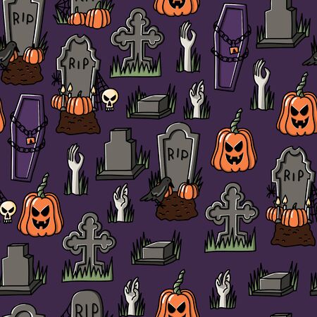 Tombstones in the cemetery and pumpkins seamless pattern. Hand drawn doodle style Halloween background. Stock vectorのイラスト素材
