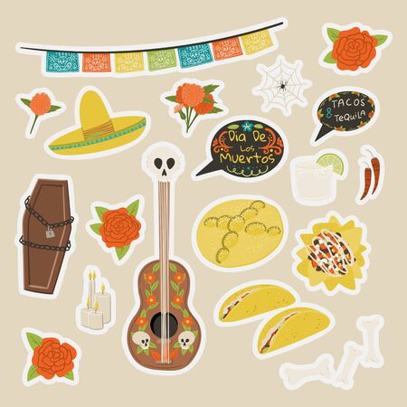 Dia De Los Muertos cartoon style hand drawn stickers set with nachos, margarita, guitar, sombrero, coffin, taco, pan de mureto etc.のイラスト素材