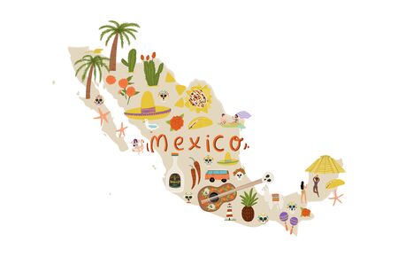 Hand drawn cartoon flat style map of Mexico with symbols - tequila, cactus, taco, nachos, pyramid, sombrero, lama etc. Stock vectorのイラスト素材