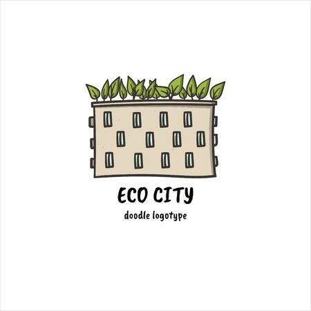 Eco city hand drawn doodle style simple logo. Ecological logotype with building and green leaves on it. Stock vectorのイラスト素材