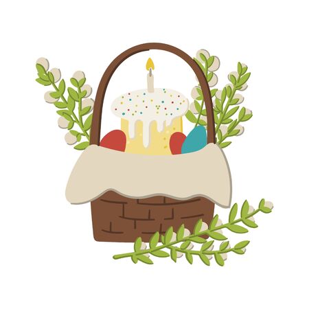 Easter basket with Easter cake and eggs doodle cartoon style hand drawn holiday concept. Spring twigs with blooming willows.のイラスト素材