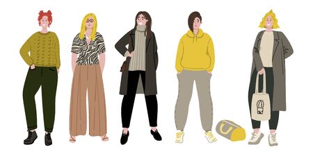 Girls or women in trendy clothes flat cartoon hand drawn style. People in sports wear, trendy clothes, with cotton bag, duffel bag. Stock vectorのイラスト素材