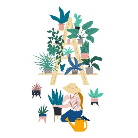 Woman is gardening at home. Urban jungle appartment decoration interior elements. Ladder shelf with plants in pots. Stock vectorのイラスト素材
