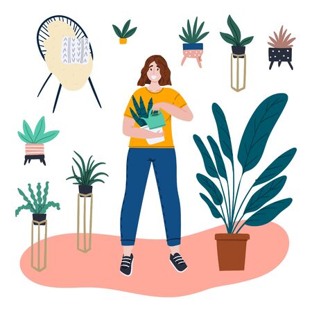 Girl at home with a lot of plants. Urban jungle concept vector illustration. Acapulco chair, sansevieria, aloe, monstera. Stock vectorのイラスト素材