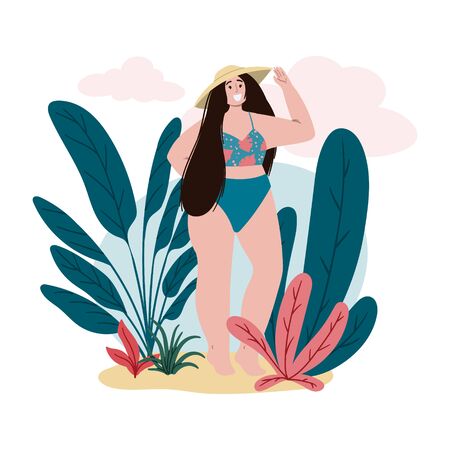 Woman on summer vacation. Body positive, self acceptance and self love flat cartoon hand drawn poster, banner or flyer. Happy girl near palm trees.のイラスト素材