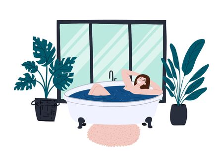 Girl resting in the bathroom, urban jungle design with a large window. Flat cartoon vector illustration. Stock vectorのイラスト素材