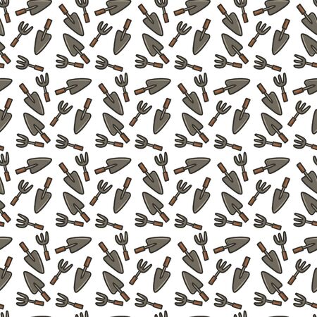 Gardening fork and garden trowel seamless pattern. Hand drawn doodle style background. Garden work and hobby. Spring timeのイラスト素材