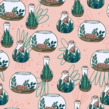 Vector hand drawn seamless pattern with geometric and brush painted elements, triangles, cactuses and succulents in terrariums. Modern scandinavian design. Pastel colors.のイラスト素材