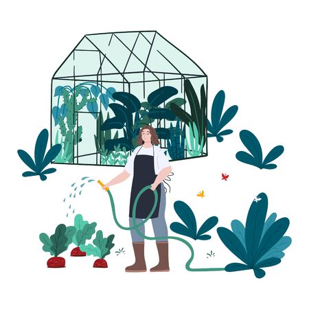 Woman watering plants with garden hose. Gardening concept illustration. Hand draw cartoon flat style. Spring and summer mood. Stock vectorのイラスト素材