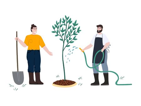Men plant a seedling. Gardening. Spring backyard work in the garden. Summer mood. Flat cartoon style hand drawn illustration. Stock vectorのイラスト素材