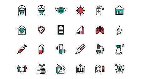 World pandemic coronavirus icons set. People and medics protection, vaccine, quarantine pictograms.のイラスト素材