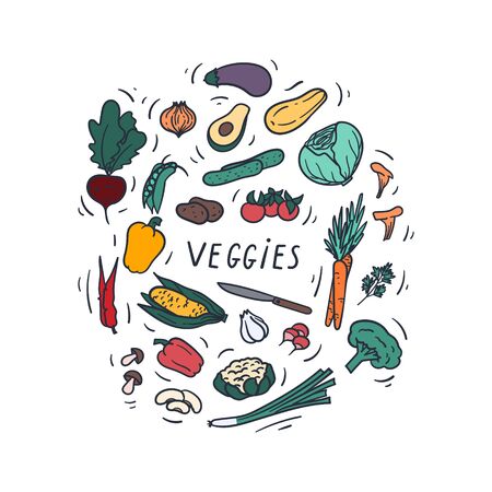 Vegetables hand drawn doodles. Poster, banner, advertising concept illustration.のイラスト素材