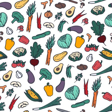 Vegetables doodle style hand drawn seamless pattern for wallpaper, wrapping paper, textile background etc.のイラスト素材