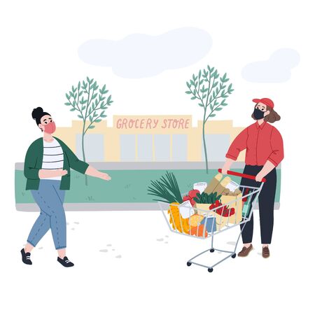Woman orders and pickups food near a grocery store. Non contact food delivery. Cartoon flat hand drawn concept illustration. Stock vectorのイラスト素材