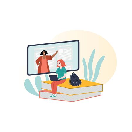 E-learning, online education flat concept illustration for landing page, web page. Young girl studies online, sits on books with laptop in her hands. Stock vectorのイラスト素材