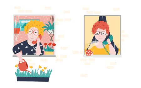 Two old women talking on the phone while they are at home. Coronavirus world pandemic. Stay home. Friendship hand drawn flat style concept illustration.のイラスト素材