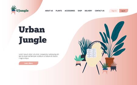 Indoor plants online shop landing page. Template design. Tropical houseplants hand drawn flat illustration.のイラスト素材
