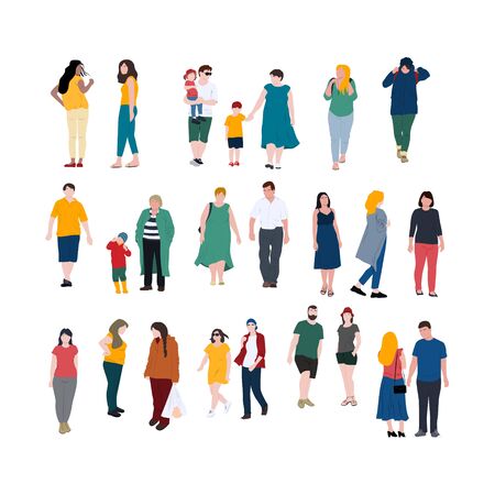 People in different poses flat style illustrations. Family with children, men and women of various age. Stock vectorのイラスト素材
