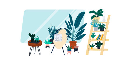 Urban jungle flat concept illustration with retro acapulco chair and indoor plants near the window. Interior scandinavian design illustration for banner, poster, landing page etc.のイラスト素材