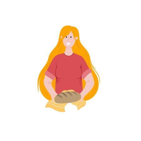 Baker woman holding plate with croissants. Hand drawn vector illustration on white background. Stock vectorのイラスト素材
