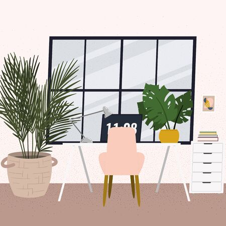 Workplace at home. Remote job at the home office. Modern stylish interior with indoor plants. Cartoon flat design elements.のイラスト素材