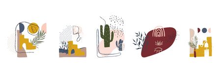 Set of elements for abstract graphic art. Lines, shapes, palm leaves, cactus, dots, moon, sun Stock vectorのイラスト素材