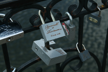 Brest, Belarus  - August 25, 2008.Padlocks with heart shape on rope bridgeのeditorial素材