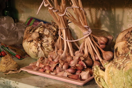 Group of garlic bulb and cabbages on the shelfの写真素材