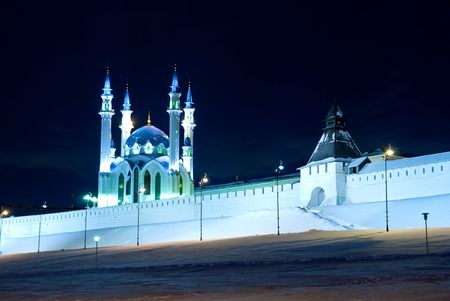 Kazan Kremlin and mosque Kul-Sharif evening illumination.の写真素材