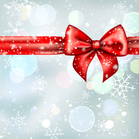 Christmas background with red bow and snowflakes. Template for design.のイラスト素材