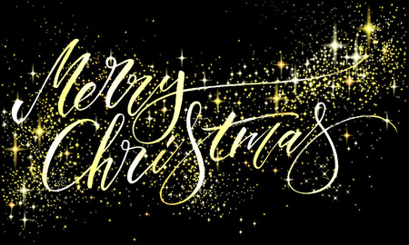 Merry Christmas background with modern calligraphy and glitter dust effect. Handwritten letters, vector illustration.のイラスト素材