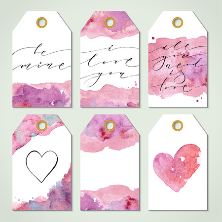 Valentine's day present card templates with modern calligraphy and watercolor texture. Brush painted letters, vector illustration.のイラスト素材