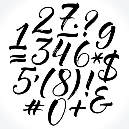 Brush lettering vector numbers and punctuation. Modern calligraphy, handwritten letters. Vector illustration.のイラスト素材