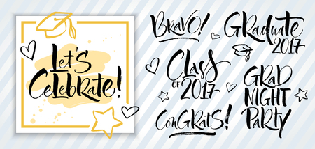 Set of graduation labels. Hand drawn lettering for graduation design, congratulation event, party, or photo overlays. Modern calligraphy, brush painted letters. Vector illustration.のイラスト素材