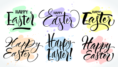 Six various style Happy Easter lettering with brush stroke background.のイラスト素材