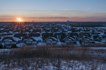 sunset  with detroit city over the horizontの写真素材