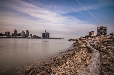 Detroit river between canada and detroit michiganの写真素材