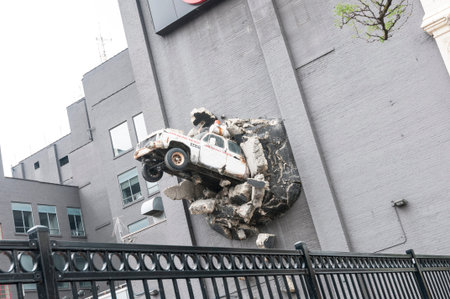 A decorative car crashed into the building