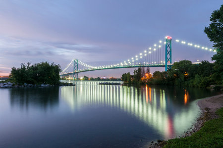 Ambassador bridge linking Windsor canada and Detroit usa at dusk