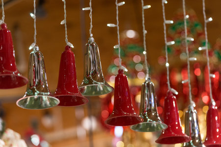 Red and silver christmas decorative bellsの写真素材