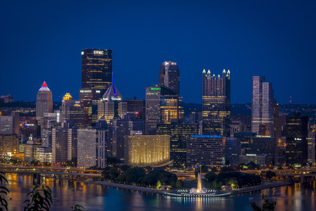 Skyline of Pittsburgh during dusk with blue back groundのeditorial素材