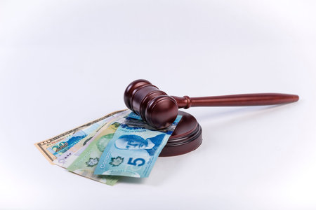 Assorted money and gavel with white back groundの写真素材