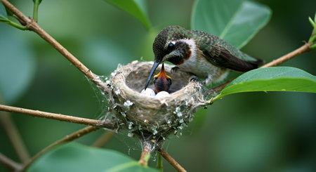 A Mother Hummingbird Tenderly Feeds Her Chicks in a Tiny Nestの写真素材